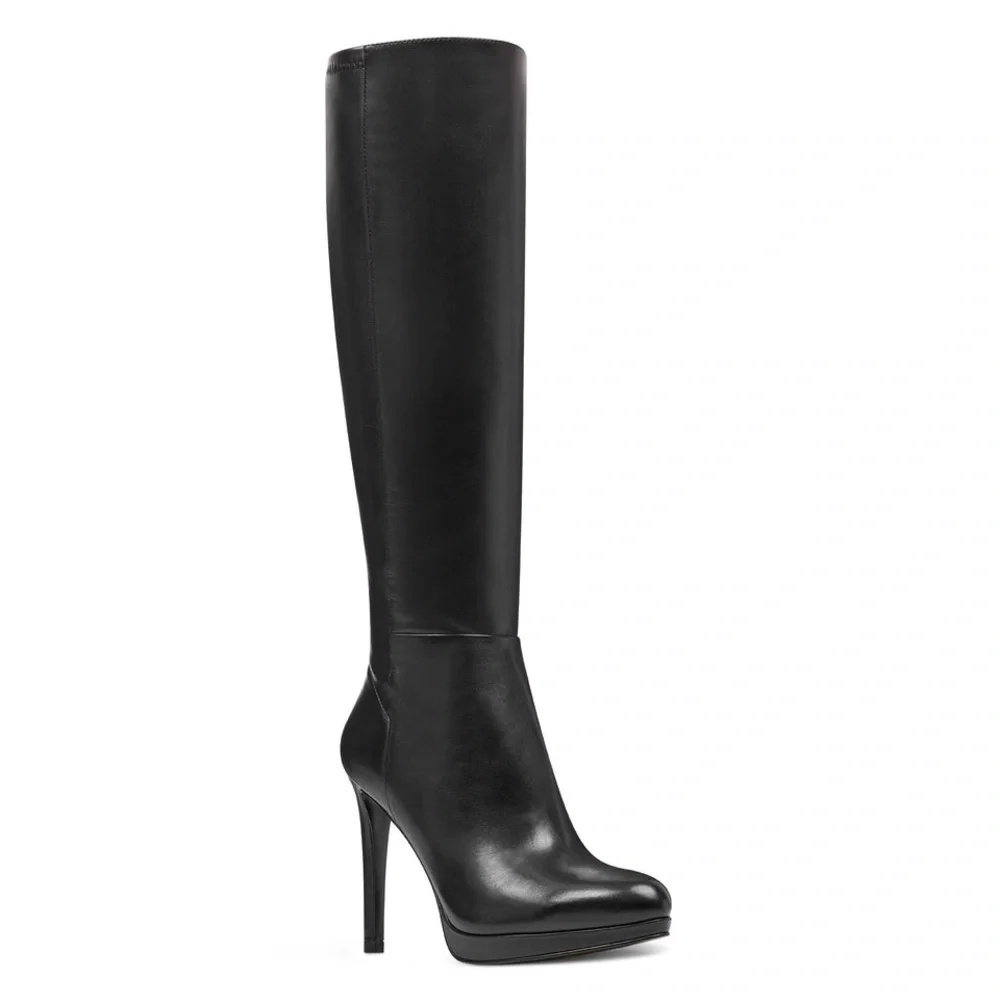 NINE WEST Black Platform Suede Stiletto Knee-Length Tall Leather Boots Shoes 7.5